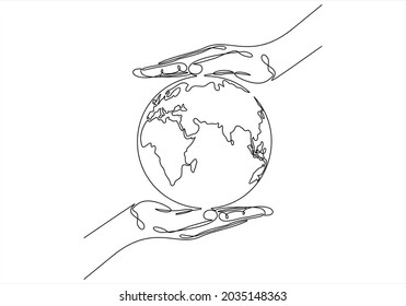 Continuous line drawing of Save the planet. Small globe between two human hands meaning care and love. Vector illustration