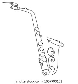 Continuous line drawing of saxophone isolated vector art. Musical instrument for decoration, design, invitation jazz festival, music shop. 