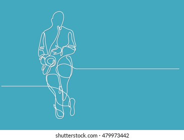 continuous line drawing of saxophone player standing