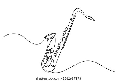 Continuous line drawing of saxophone vector illustration. One line-art saxophone musical instrument is isolated on a white background.