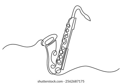 Continuous line drawing of saxophone vector illustration. One line-art saxophone musical instrument is isolated on a white background.