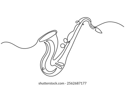 Continuous line drawing of saxophone vector illustration. One line-art saxophone musical instrument is isolated on a white background.