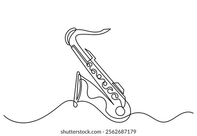 Continuous line drawing of saxophone vector illustration. One line-art saxophone musical instrument is isolated on a white background.