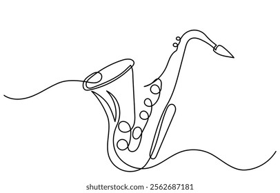 Continuous line drawing of saxophone vector illustration. One line-art saxophone musical instrument is isolated on a white background.