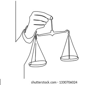 Continuous line drawing of scales justice hold in hand judge. Law and justice concept. Isolated on background. Vector