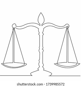 Dibujo continuo de escalas de justicia aisladas en un fondo blanco. la escala de la justicia en el juicio
