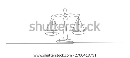Continuous line drawing of scales of justice. Scales of justice continuous one line drawing vector illustration. Editable stroke