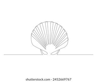Continuous line drawing of scallop shellfish. One line of shellfish. Marine animal concept continuous line art. Editable outline.