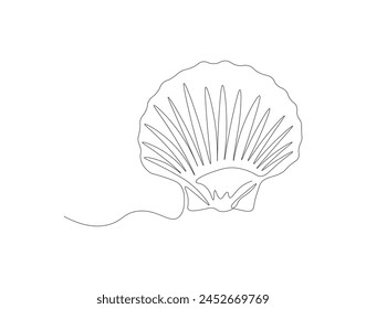 Continuous line drawing of scallop shellfish. One line of shellfish. Marine animal concept continuous line art. Editable outline.