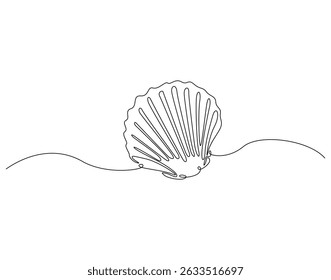 Continuous line drawing of scallop shellfish animal. Single line illustration of scallop. Animal ocean life concept. Editable outline
