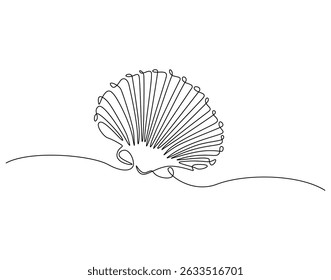 Continuous line drawing of scallop shellfish animal. Single line illustration of scallop. Animal ocean life concept. Editable outline
