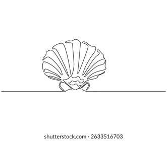 Continuous line drawing of scallop shellfish animal. Single line illustration of scallop. Animal ocean life concept. Editable outline
