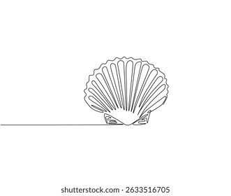 Continuous line drawing of scallop shellfish animal. Single line illustration of scallop. Animal ocean life concept. Editable outline
