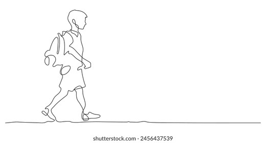 continuous line drawing of school boy walking on the way of education concept thin line illustration vector