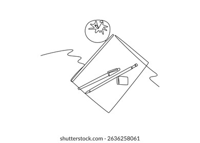 Continuous line drawing of school supplies and apple representing education