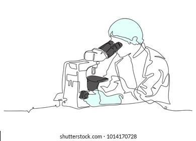 continuous line drawing of Scientist man looking through microscope in laboratory vector 
