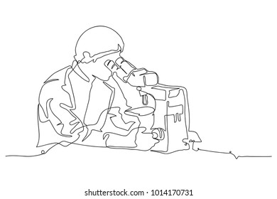 continuous line drawing of Scientist man looking through microscope in laboratory vector 