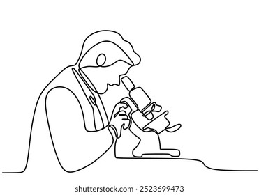 Continuous line drawing of a scientist using a microscope. Capturing the essence of research and discovery. Vector illustration.