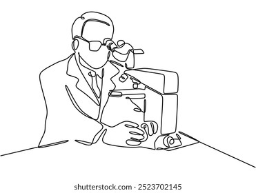 Desenho de linha contínua de um cientista usando um microscópio. Representando a essência da descoberta científica em um design minimalista. Ilustração vetorial.