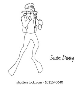Continuous line drawing. Scuba Diving vector illustration. A man wearing diving suit. - stock vector