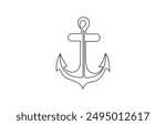 Continuous line drawing of sea anchor, Large sea anchor of the ship. Set of sea ocean elements. Continuous one line drawing of anchor banner. Linear style