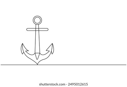 Continuous line drawing of sea anchor, Large sea anchor of the ship. Set of sea ocean elements. Continuous one line drawing of anchor banner. Linear style