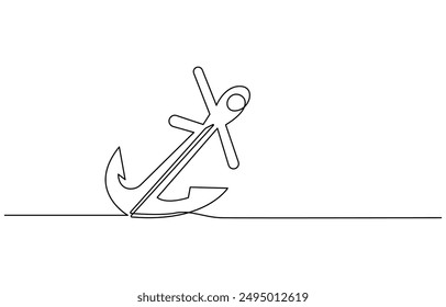 Continuous line drawing of sea anchor, Large sea anchor of the ship. Set of sea ocean elements. Continuous one line drawing of anchor banner. Linear style