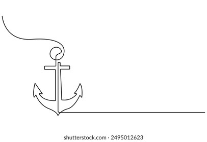 Continuous line drawing of sea anchor, Large sea anchor of the ship. Set of sea ocean elements. Continuous one line drawing of anchor banner. Linear style