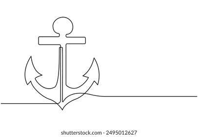 Continuous line drawing of sea anchor, Large sea anchor of the ship. Set of sea ocean elements. Continuous one line drawing of anchor banner. Linear style
