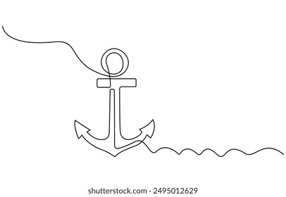 Continuous line drawing of sea anchor, Large sea anchor of the ship. Set of sea ocean elements. Continuous one line drawing of anchor banner. Linear style