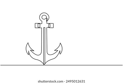 Dibujo de línea continua del ancla de mar, ancla de mar Grande del barco. Conjunto de Elementos oceánicos. Dibujo continuo de una línea del Anuncio de anclaje. Estilo lineal