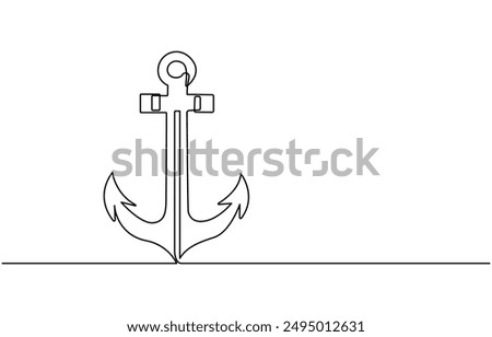 Continuous line drawing of sea anchor, Large sea anchor of the ship. Set of sea ocean elements. Continuous one line drawing of anchor banner. Linear style