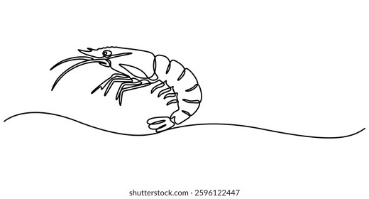Continuous Line Drawing of Sea Food Icon. Hand Drawn Symbol Vector Illustration, Continuous one line drawing of fresh shrimp for seafood logo icon vector illustration. Pro vector, minimalist design.