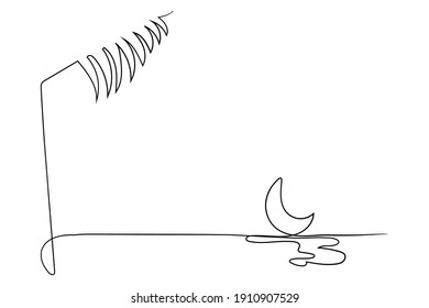 continuous line drawing of sea on night with moon and palm leaves. vector illustration for graphic design