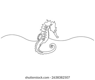 Continuous line drawing of seahorse animal. Single line illustration of seahorse. Animal ocean life concept. Editable outline