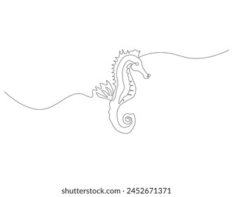 Dibujo de línea continua de caballo de mar. Una línea de caballo de mar. Concepto animal marino arte de línea continua. Esquema editable.
