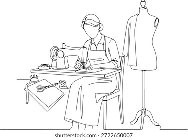 Desenho de linha contínua de uma costureira ou alfaiate trabalhando em uma máquina de costura com um manequim, representando design de moda, artesanato e roupas sob medida