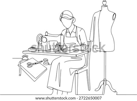 Continuous line drawing of a seamstress or tailor working at a sewing machine with a mannequin, representing fashion design, craftsmanship, and bespoke clothing