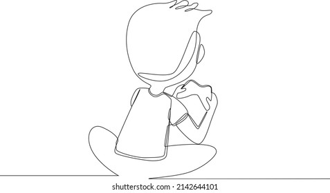 Continuous line drawing of seen from behind. young little boy playing with joystick. Vector illustration.