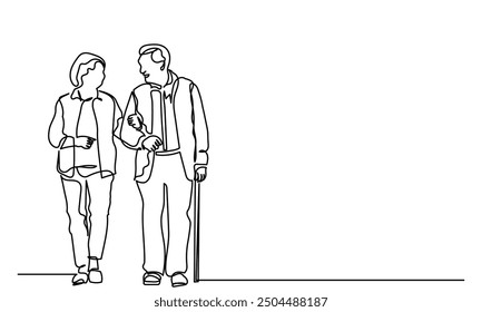 Continuous line drawing of senior couple walking with a cane. single-line art of an Elderly couple's grandparents isolated on a white background.