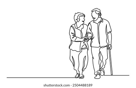 Continuous line drawing of senior couple walking with a cane. single-line art of an Elderly couple's grandparents isolated on a white background.