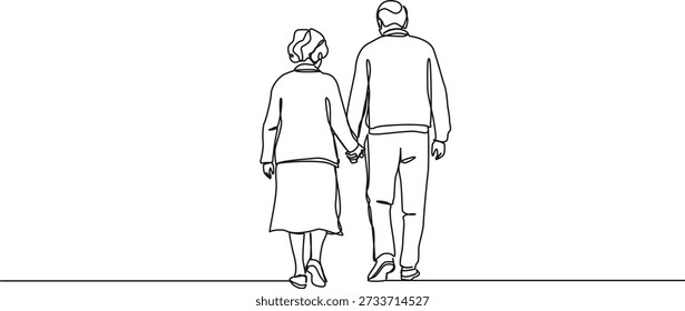 Desenho de linha contínua de casal sênior caminhando juntos de mãos dadas, ilustração vetorial de arte de linha