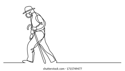 continuous line drawing of senior man in protective mask walking along