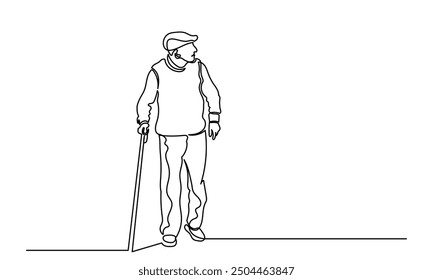 Continuous line drawing of senior man walking with a cane.single-line art of an Elderly man grandfather or senior man isolated on a white background. 
