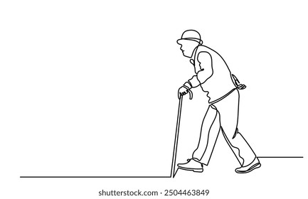 Continuous line drawing of senior man walking with a cane.single-line art of an Elderly man grandfather or senior man isolated on a white background. 
