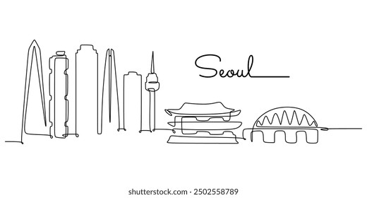 Continuous line drawing of Seoul city skyline, South Korea. A beautiful landmark illustration for home decor posters.