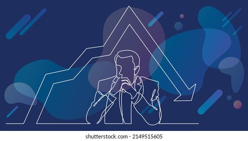 continuous line drawing of seriously thinking man with decreasing graph