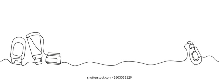 Continuous line drawing of serum, cream bottle, tube. Single line concept of cosmetic, skin care products in doodle style on white background. Vector illustration.