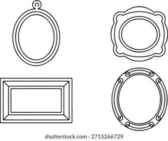 Conjunto de dibujo de línea continua de marcos antiguos de imágenes vintage. Colección de marcos redondos y rectangulares elegantes en blanco. Ilustración de arte lineal simple de bordes de Galería clásicos. Vector de contorno minimalista de diferentes recintos de fotos en forma.