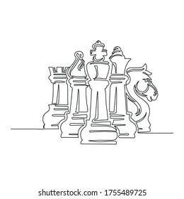 Continuous line drawing of set chess piece icons.success, leadership business concept. Moving chess figure in competition success play isolated on white background.